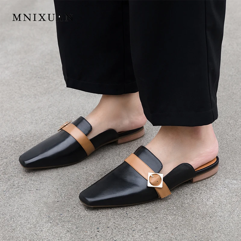 

MNIXUAN Europe fashion summer new women flats shoes mules 2019 spring new genuine leather square toe solid casual slides size 40