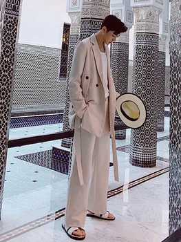 

Male Ribbon Blazer Jacket Trousers Men Fashion Casual 2PCS Suits (jacket+pant) Streetwear