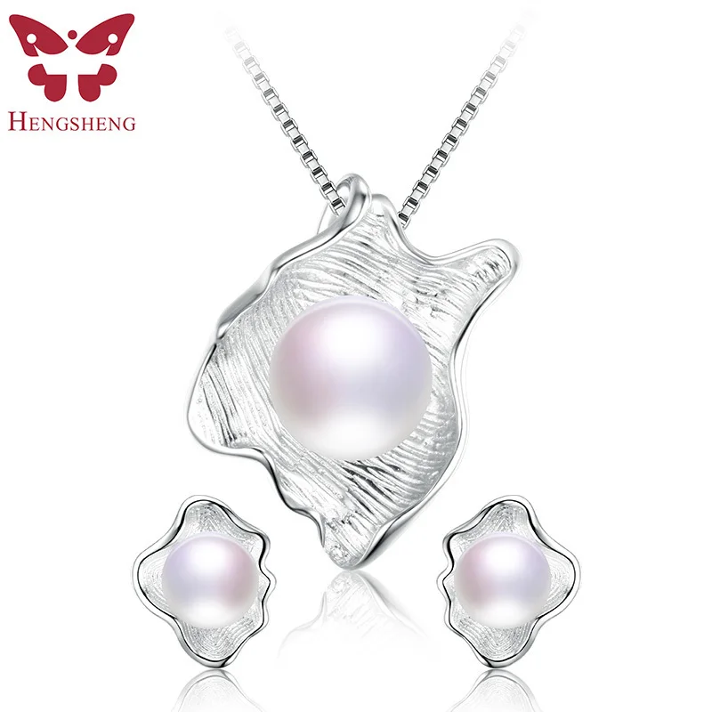 

HENGSHENG Genuine Pearl Necklaces & Earrings,Women Jewelry Set,Big Bread Round Pearl with Shell Shape Accessories,Party Jewelry