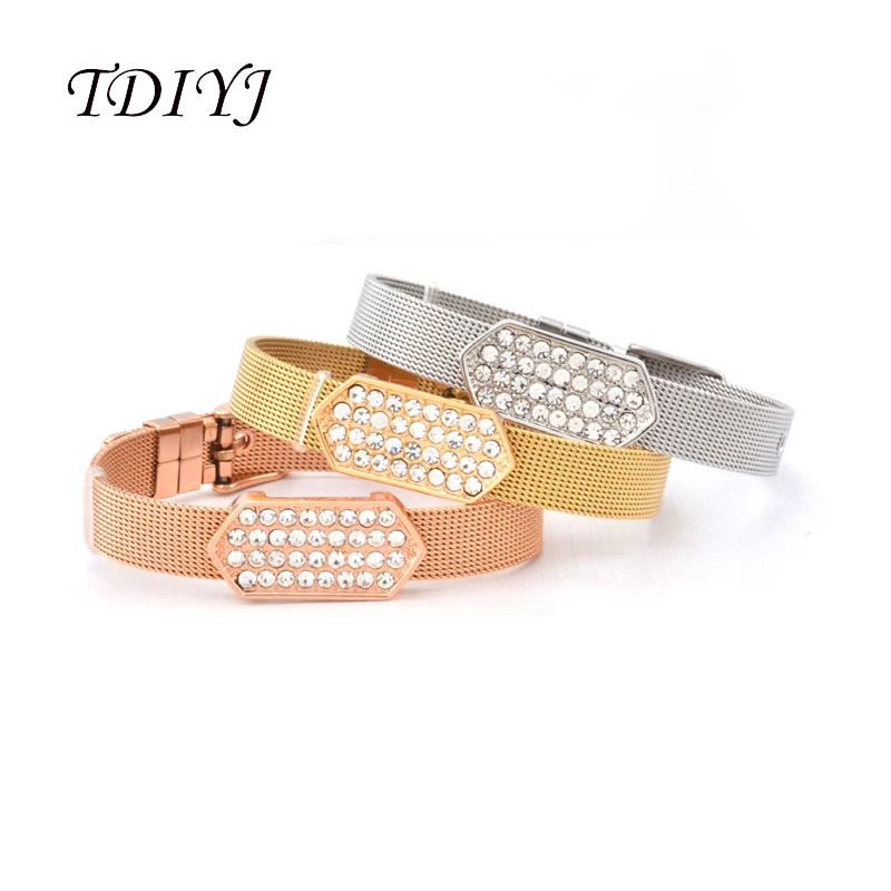 

TDIYJ KEEPER Bracelet Set Silver/Gold/Rose Gold Stainless Steel Keeper ing Mesh Bracelet with Crystal Geo Bar Slide Charms 3Set