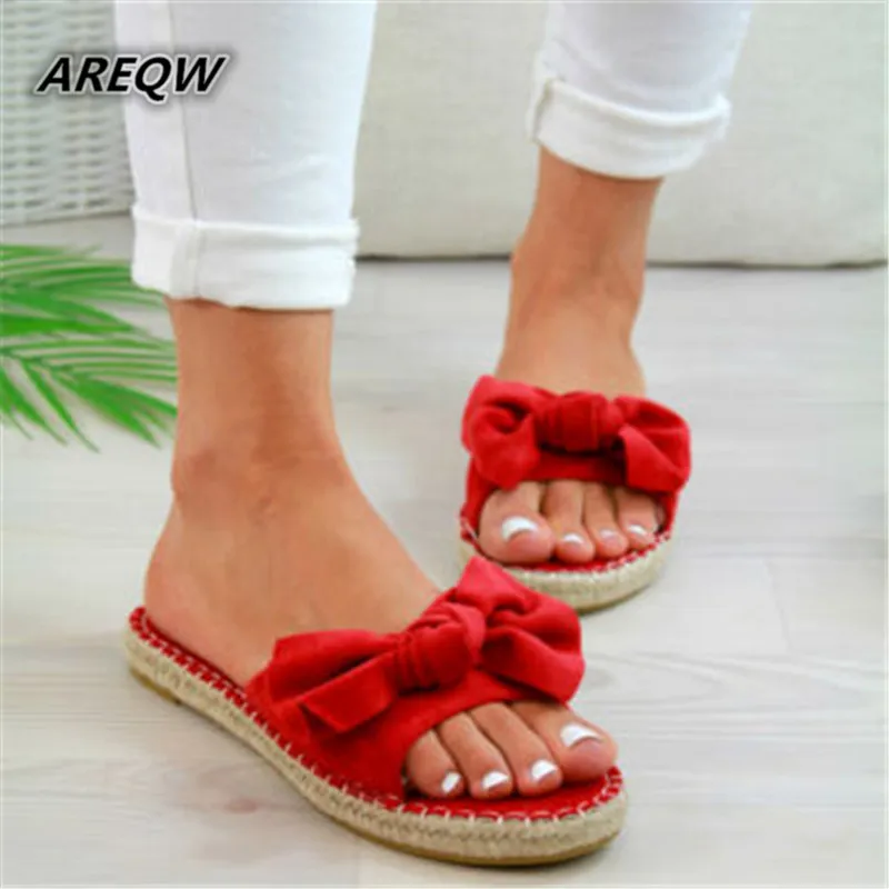 

SHUJIN New 2019 Womans Slip on Sandals Bow Flat Mule Leopard Linen Hemp Summer Sliders Espadrille Shoes Sizes