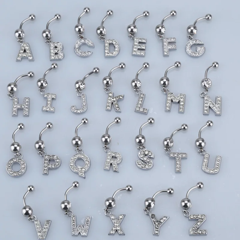 

26 Styles A to R Fashion Letter Pendant silver Crystal Navel Belly Button Bar Ring Body Piercing Jewelry Drop Shipping