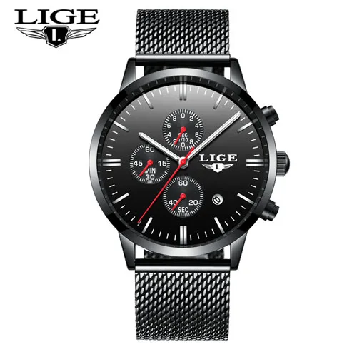 LIGE брендовые роскошные часы из нержавеющей стали, мужские деловые аналоговые кварцевые часы, военные наручные часы, водонепроницаемые часы - Цвет: Red