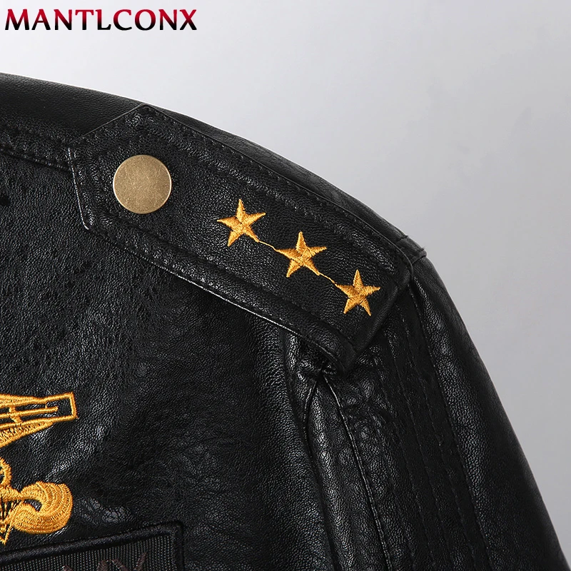 MANTLCONX Winter New Motorcycle Biker Bomber Leather Jacket Men Stand Collar PU Jacket Men Thick Leather Jacket Coats M-6XL