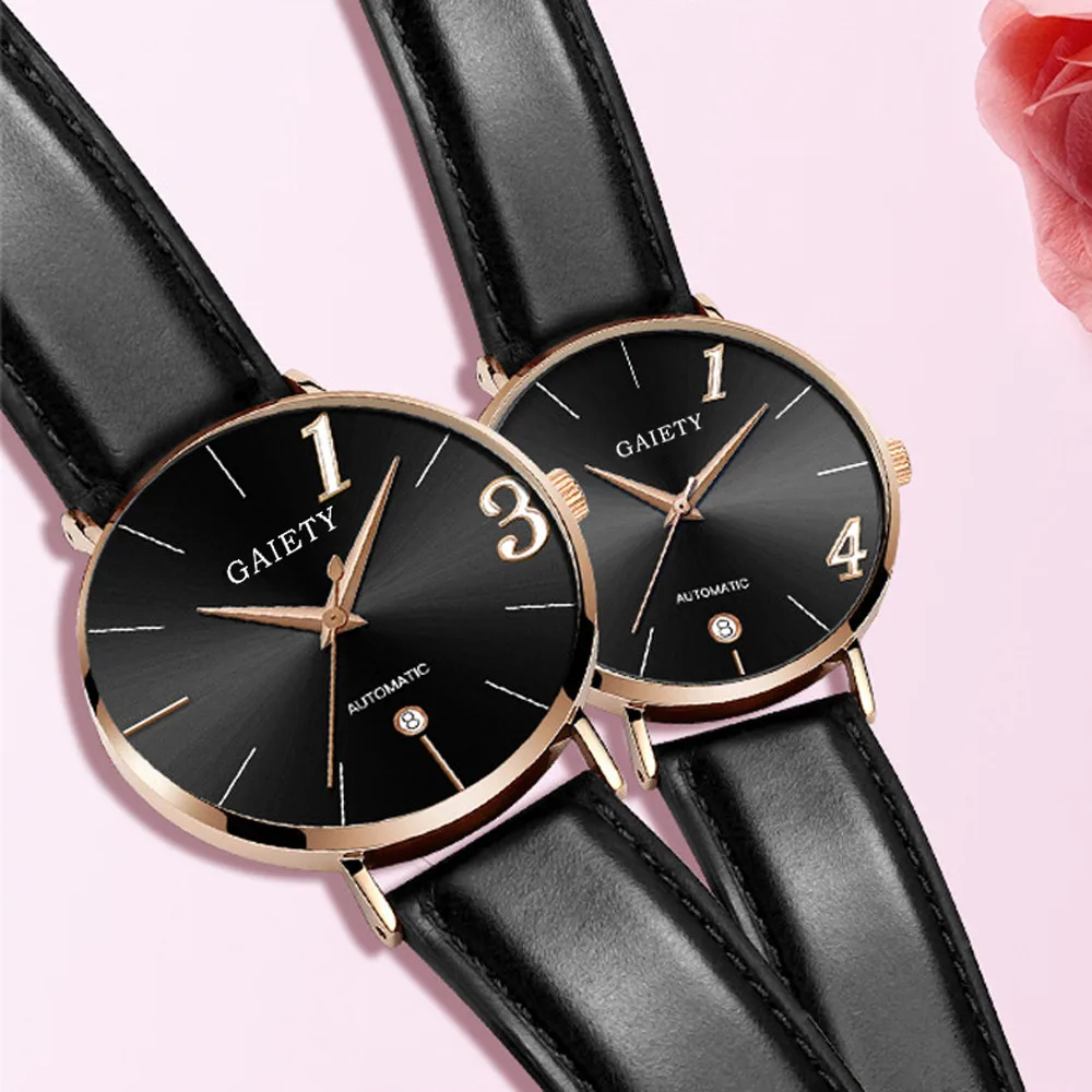 Пара часы кварцевые Для мужчин женские наручные Часы аналоговый черный модные простые 2 Размеры кожаный ремешок Валентина LOVE подарок на день рождения f306