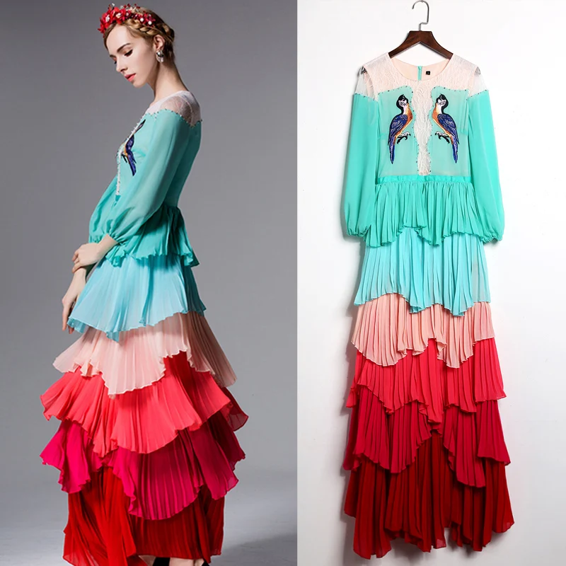 

High Quality 2018 Spring And Summer Fashion Gradient Embroidered Long-sleeved Cake Bohemian Long Dress Women Elegant And Chic