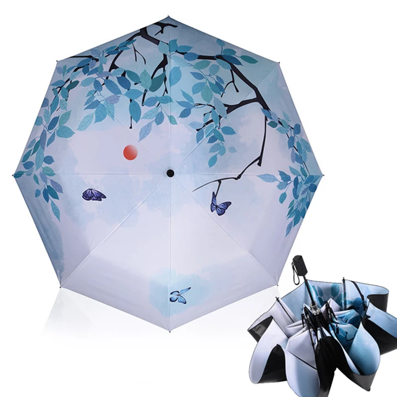 

Umbrellas Rain Woman Creative Butterfly Pattern Three Folding Umbrella Anti-UV Foldable Parasol Female Sun Umbrellas For Rain
