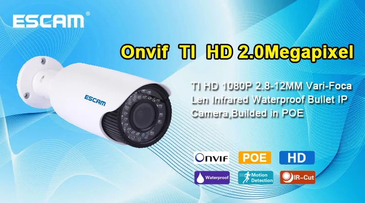 

ESCAM HD3300V  Vari-Focal 2.8-12mm Lens P2P 1080P HD Onvif support POE  Outdoor camera IP66 Waterproof network security IPCam