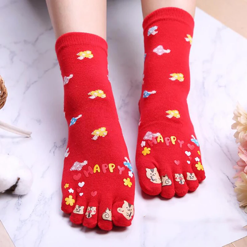 Жаккардовые носки для взрослых с грибами; сезон осень-зима; дышащие хлопковые удобные раздельные носки с пятью пальцами