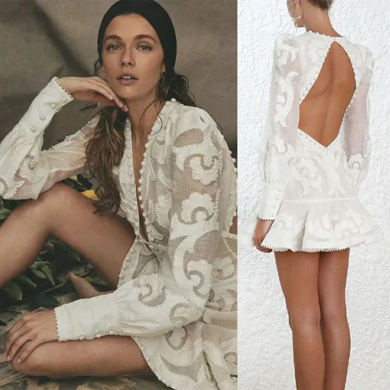 

New Spring and Summer 2019 Famous Long sleeved Pure color Dresses Sexy Deep V neck and Backless Embroidered Dresses