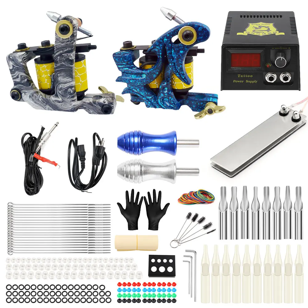 

Beginner Complete Tattoo Kit 2 Professional Tattoo Machine Kit Coil Machine Guns Power Supply Needle Grips Set TK202-7