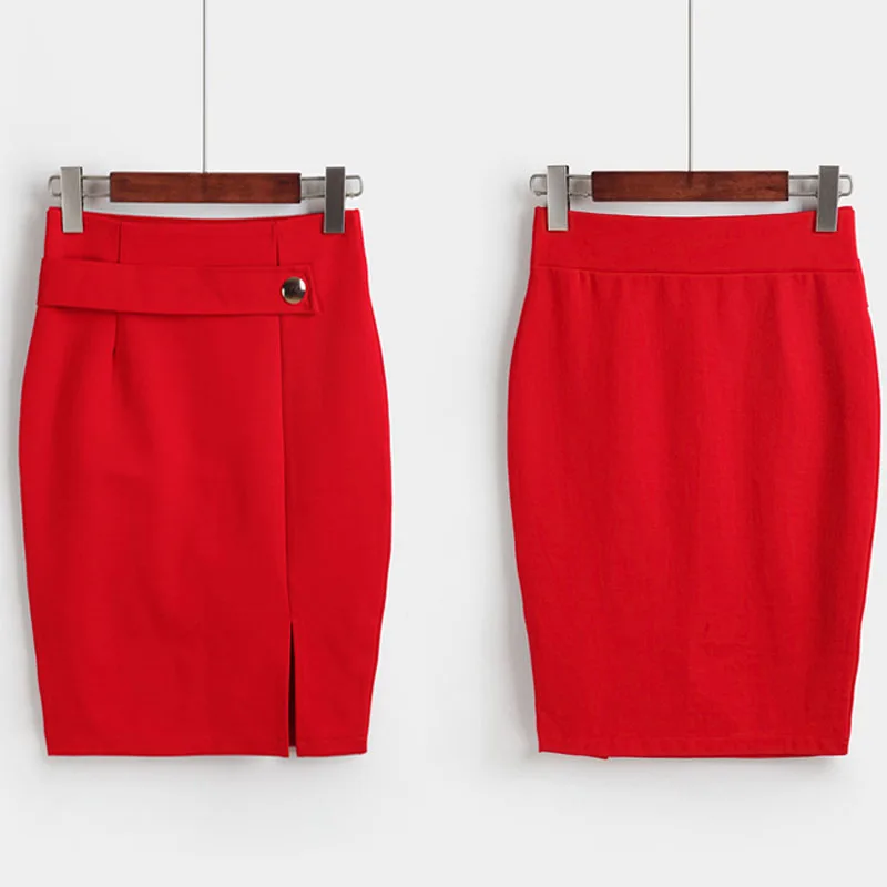 Женские юбки размера плюс, высокая талия, модная юбка-карандаш, повседневная облегающая юбка, элегантная официальная эластичная ткань, красный, черный