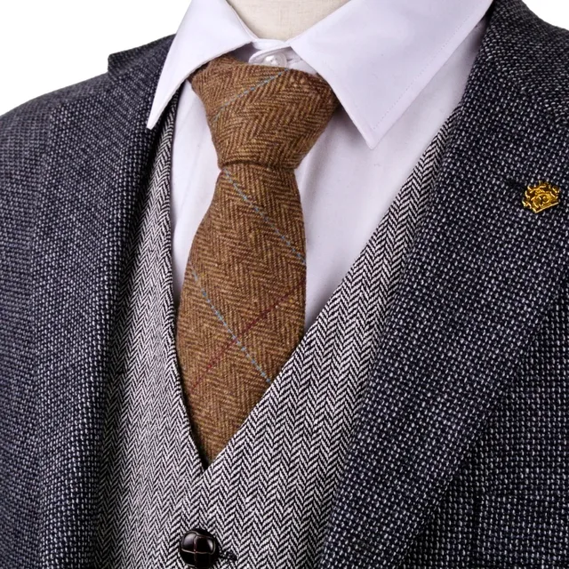 H39 Checked Herringbone Tweed Brown Tan 7cm Mens Ties Neckties Wool