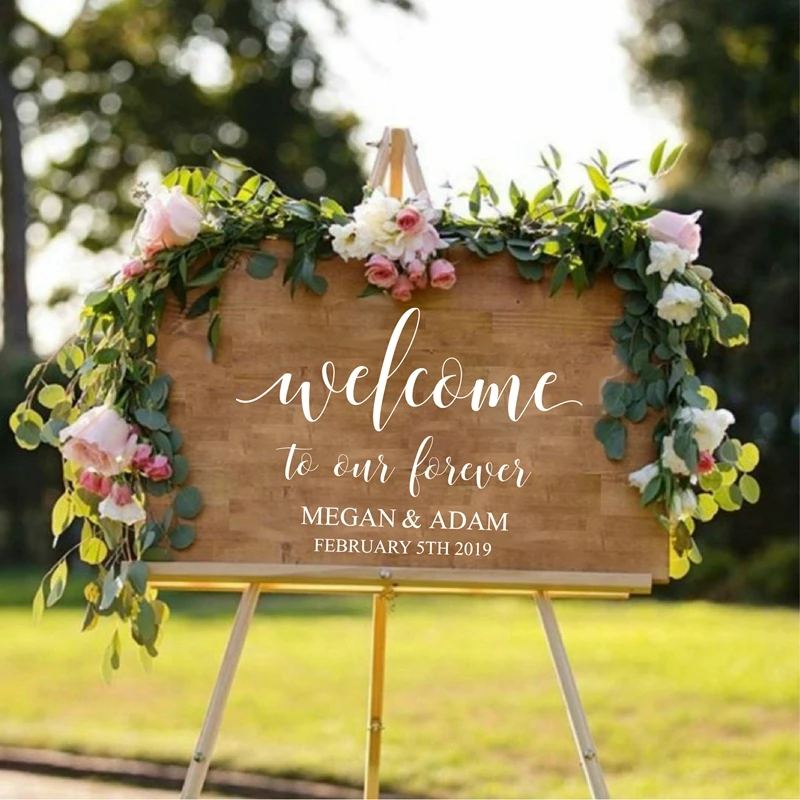 

Welcome to Our Forever Personalized Decal Rustic Wedding Decoration , Wedding Welcome Sign Custom Name and Date Vinyl Sticker