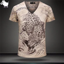 2018 verano Vintage manga corta cuello en V 3D camiseta para hombre estampada Homme marca Casual Camiseta de algodón ropa Animal para hombres