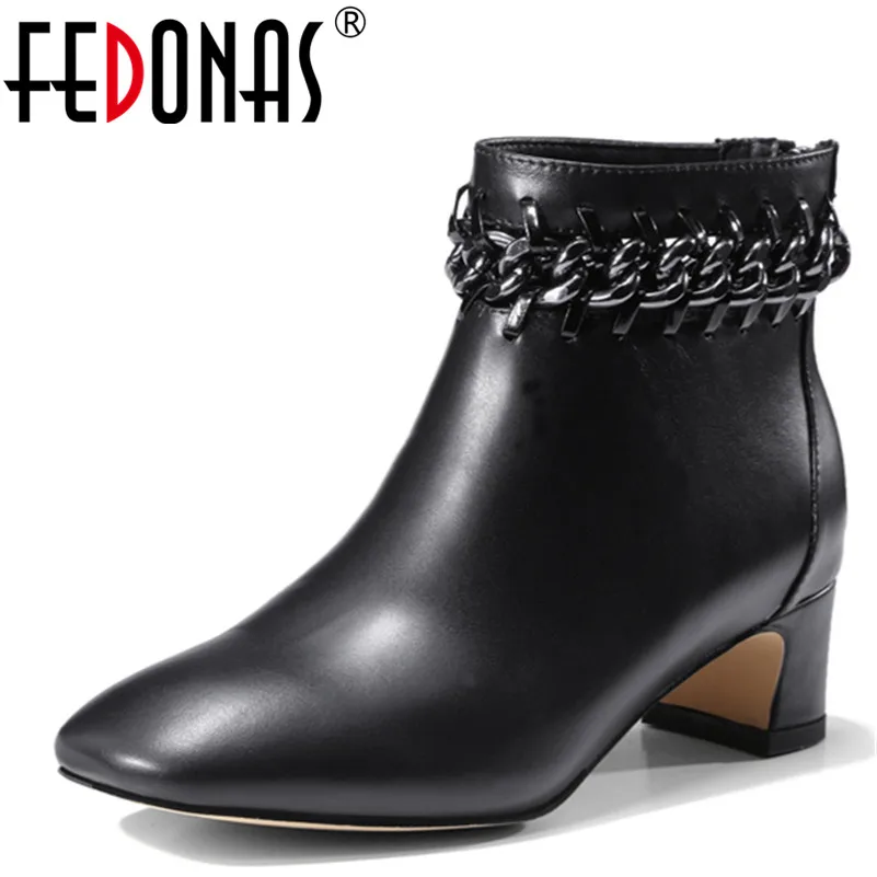 

FEDONAS Punk Sexy Genuine Leather Shoes Woman Chains Zipper New Autumn Winter Warm Ankle Boots Female Short Motorcycle Boots