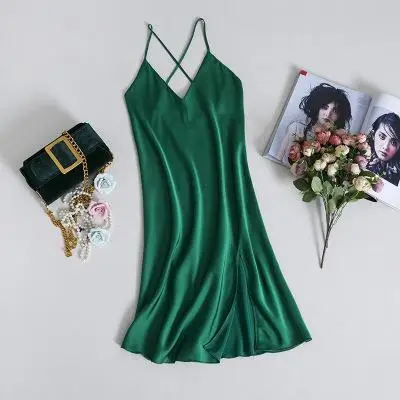 Ночная рубашка, платье для дома, Дамское ночное белье, сексуальная ночная атласная ночная рубашка, шелковое белье 919 - Цвет: Зеленый
