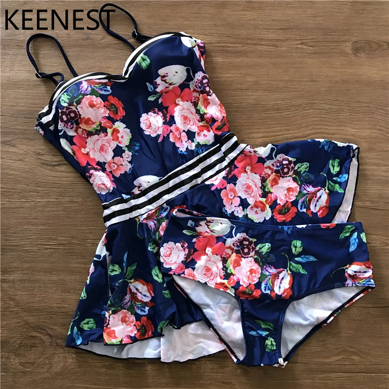 

KEENEST 2018 Tankini Set Filwer Blue Swimwear Women Two Pieces Swimsuit