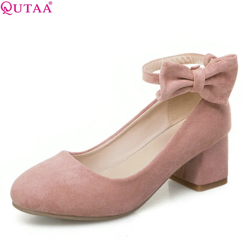 

QUTAA 2018 Elegant Pink Women Pumos Fashion Square Toe Round Toe Flock Buckle Bow Tie Cute Style Women Pumps Size 34-43