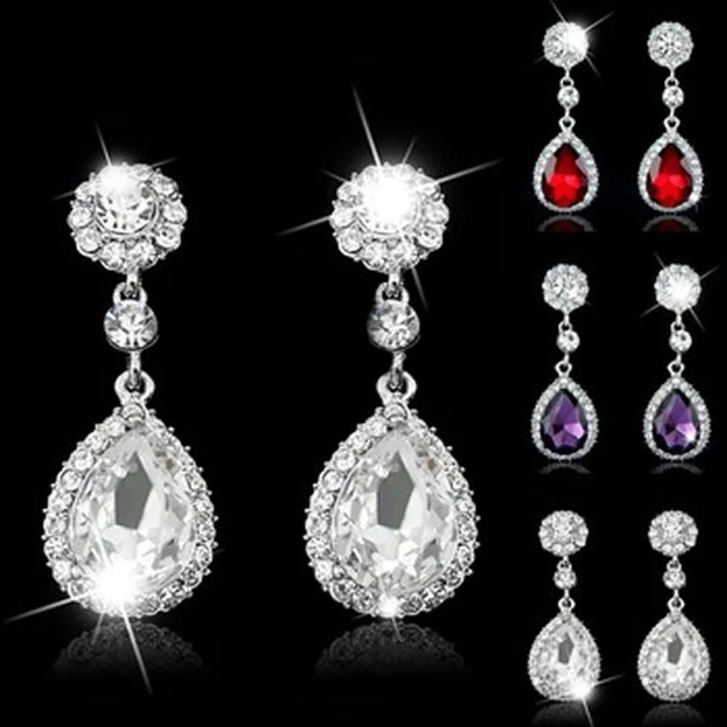 Luxury Crytsal Rhinestone Teardrop Wedding Bridal Diamond Dangle Stud Earrings