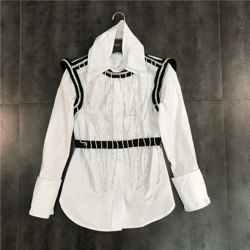 

Vadim Promotion Polyester Long Full Blusas Blusa 2019 New Women's Shirt Rhinestone Vest And Two-piece Solid Color Collar Female