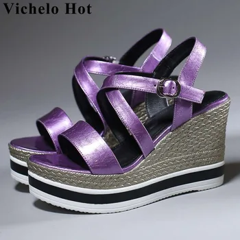 

Vichelo Hot new arrival wedges platform peep round toe buckle strap super high bottom women sandals vocation runway shoes L6f2