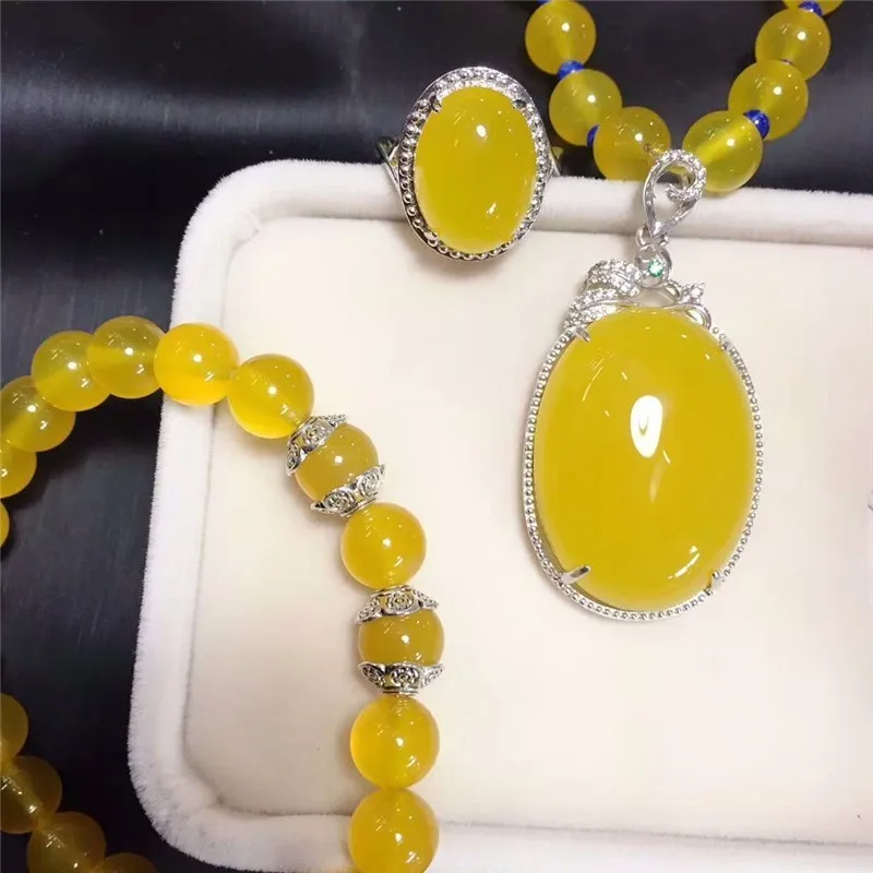 

Koraba Fine Jewelry 925 Silver Inlaid Natural Chalcedony Pendant Necklace Ring Bracelet Set Gifts Free Shipping