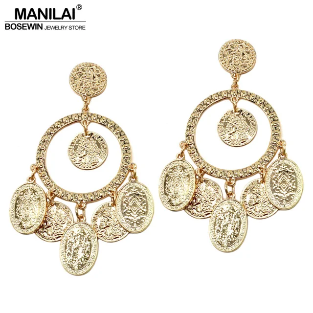 Manilai Ethnic Style Coin Drop Earrings Women Gold Color Metal Manilai Ethnic Style Coin Drop Earrings Women Gold Color Metal Dangle Bohemia Jewelry Statement