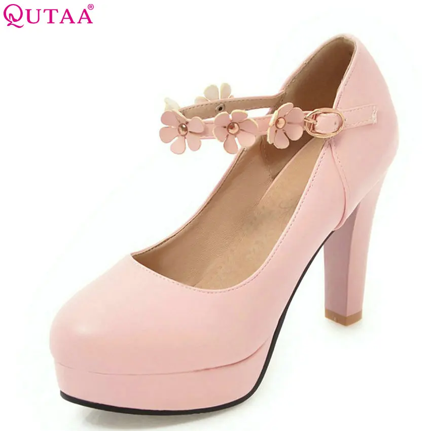 

QUTAA 2018 Women Pumps Pu Leather Women Shoes Buckle Fashion Square High Heel Round Toe Buckle Casual Women Shoes Size 34-43