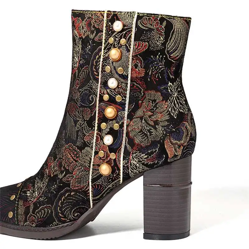 Socofy/женские Винтажные ботинки с цветочным принтом; ботинки из тисненой овечьей кожи; женская обувь; женские ботильоны для женщин на высоком каблуке 8 см на молнии; Новинка