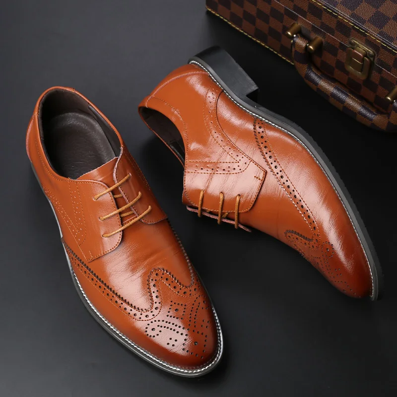 New Men Oxford Genuine Leather Dress Shoes Brogue Lace Up Flats Male Casual Shoes Black Brown Size 38-48