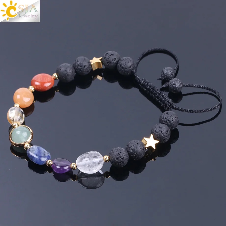 

CSJA Natural Lava Rock 8MM 7 Chakra Bracelet Mixed Color Gems Stone Bracelets Crystal Quartz Sodalite Rope Chain Bangles F204