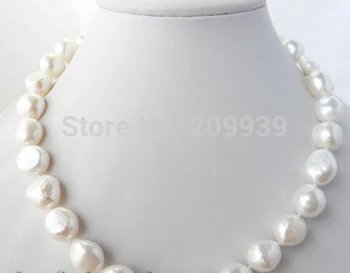 

wan 004176 Huge 14mm White Baroque Freshwater Pearl Silver Necklace