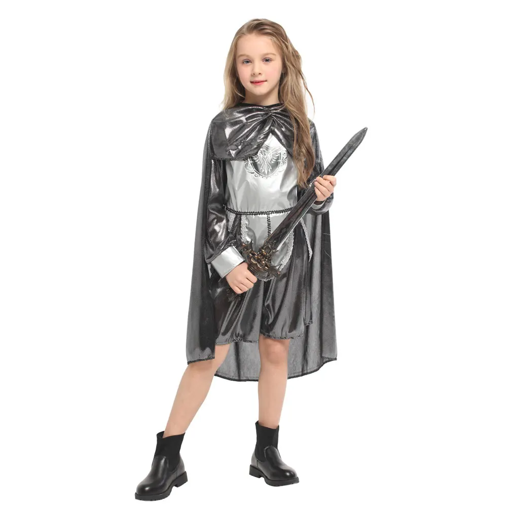 Детский Блестящий серебряный средневековый рыцарь-воин; костюм для девочек на Хеллоуин; Пурим; карнавальные; вечерние; маскарадные; ролевые игры