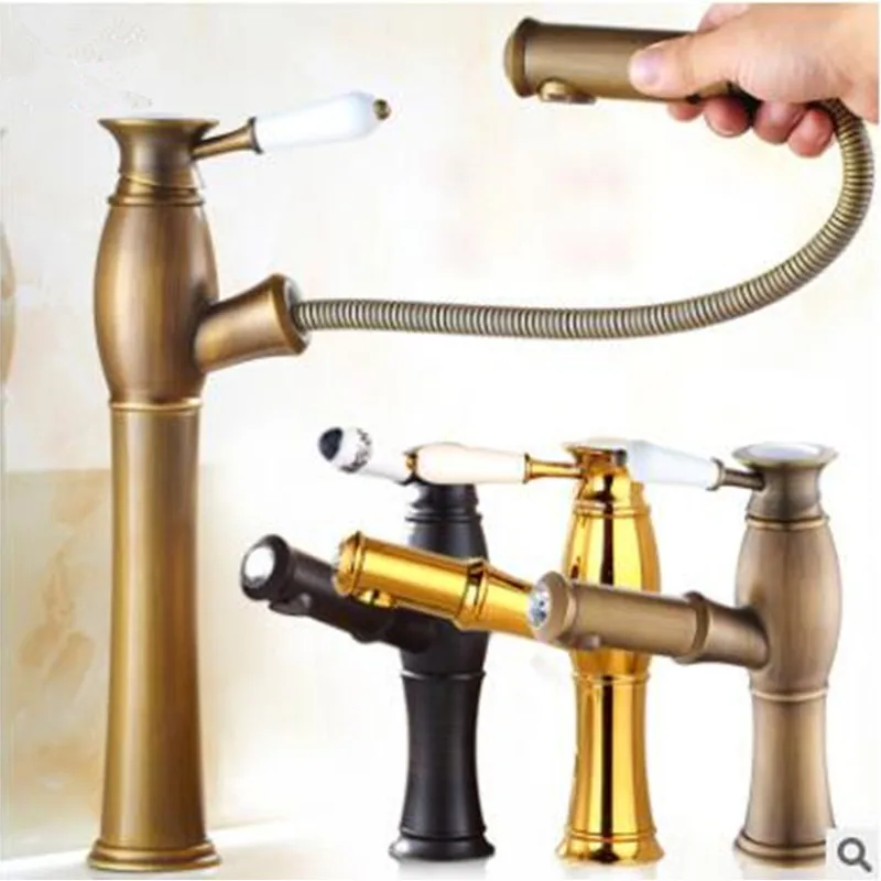 

Copper pumping faucet European antique basin cold and hot mixing faucet golden pumping kitchen faucet