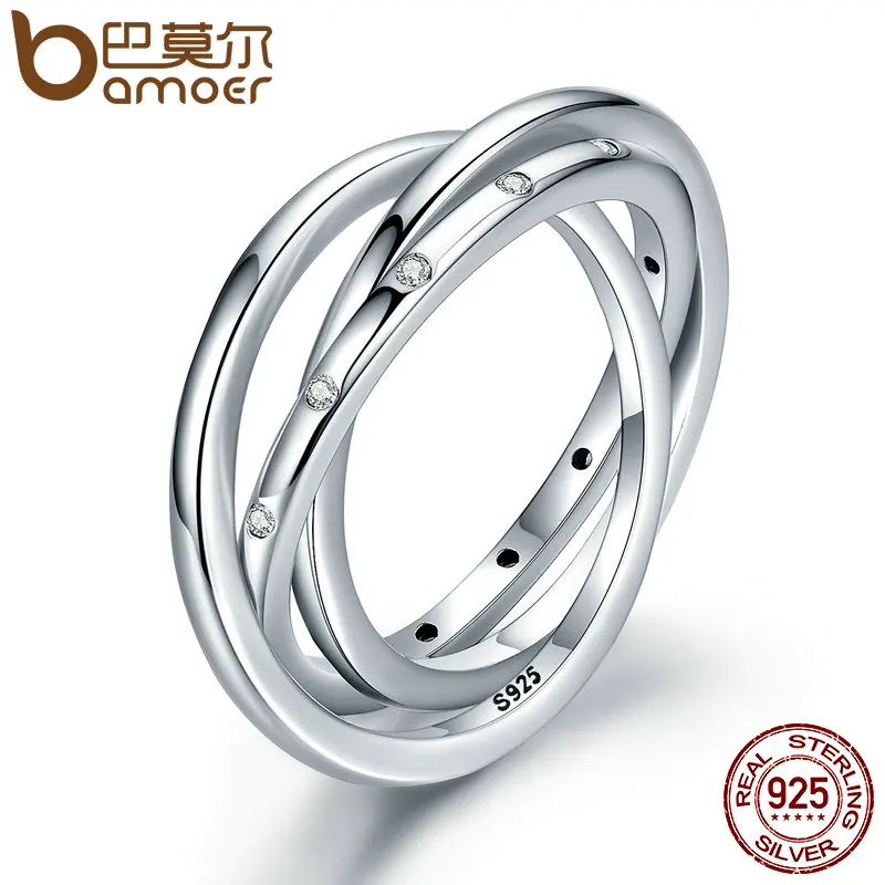 

BAMOER 925 Sterling Silver 3 Circle Droplets Stackable Swirling Symmetry, Clear CZ Ring for Women Engagement Jewelry PA7627
