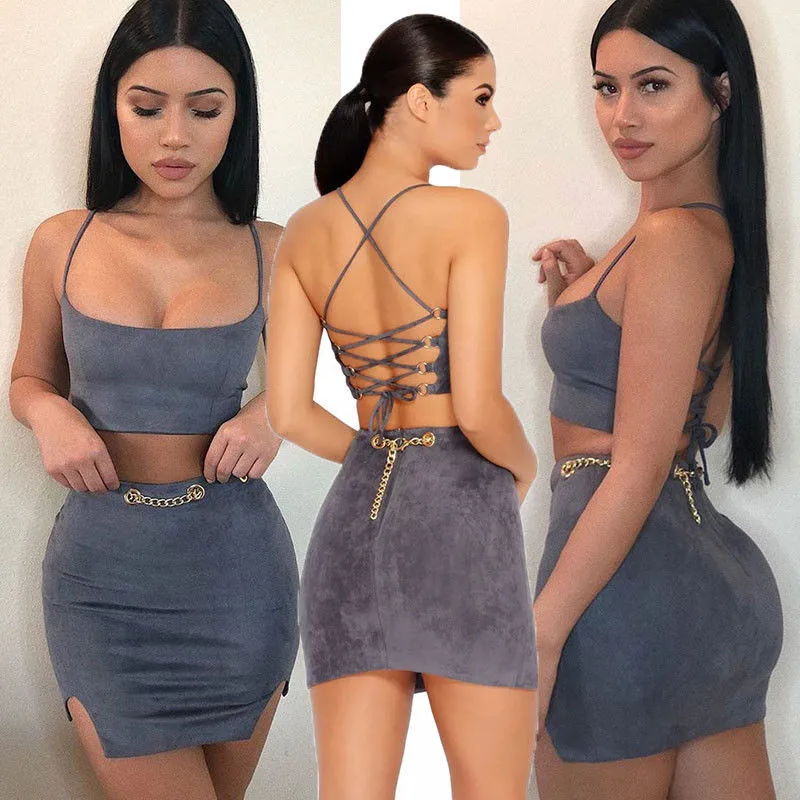 Пикантные вечерние Клубные замшевые 2 шт. женская одежда наряды Bodycon жилет бинты Растениеводство Топ и юбка-карандаш 2 шт. Для женщин комплект костюмы