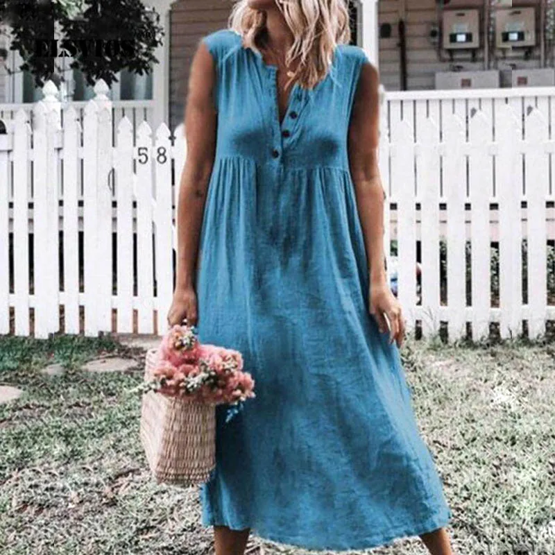 

ELSVIOS 4XL Women Button pleated linen dress 2019 summer sexy sleeveless loose mid-calf length dress Elegant soft beach dresses