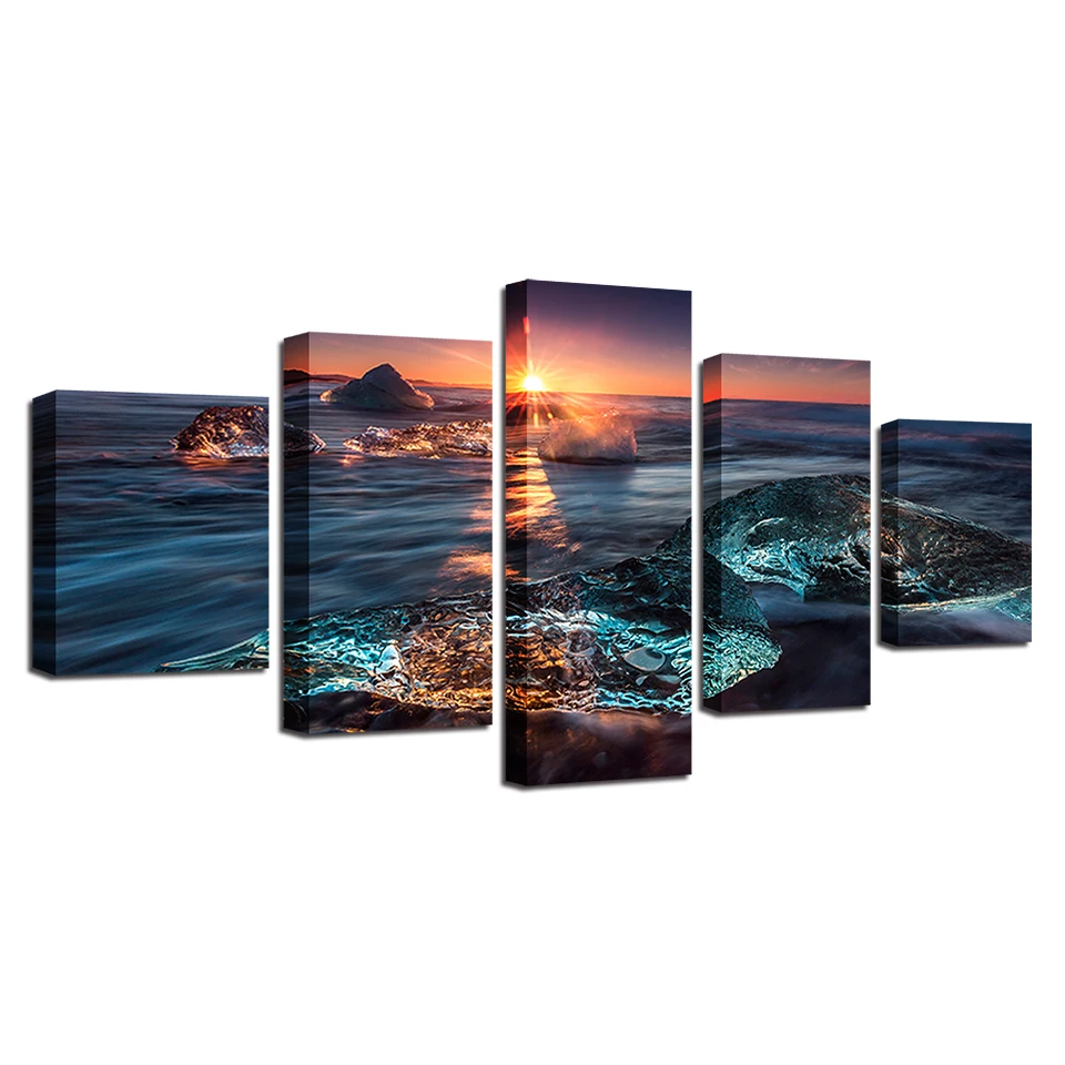 Canvas-Pictures-Home-Decor-HD-Prints-Posters-Living-Room-Framework-5-Pieces-Icing-Seascape-Sunrise-Ice (4)