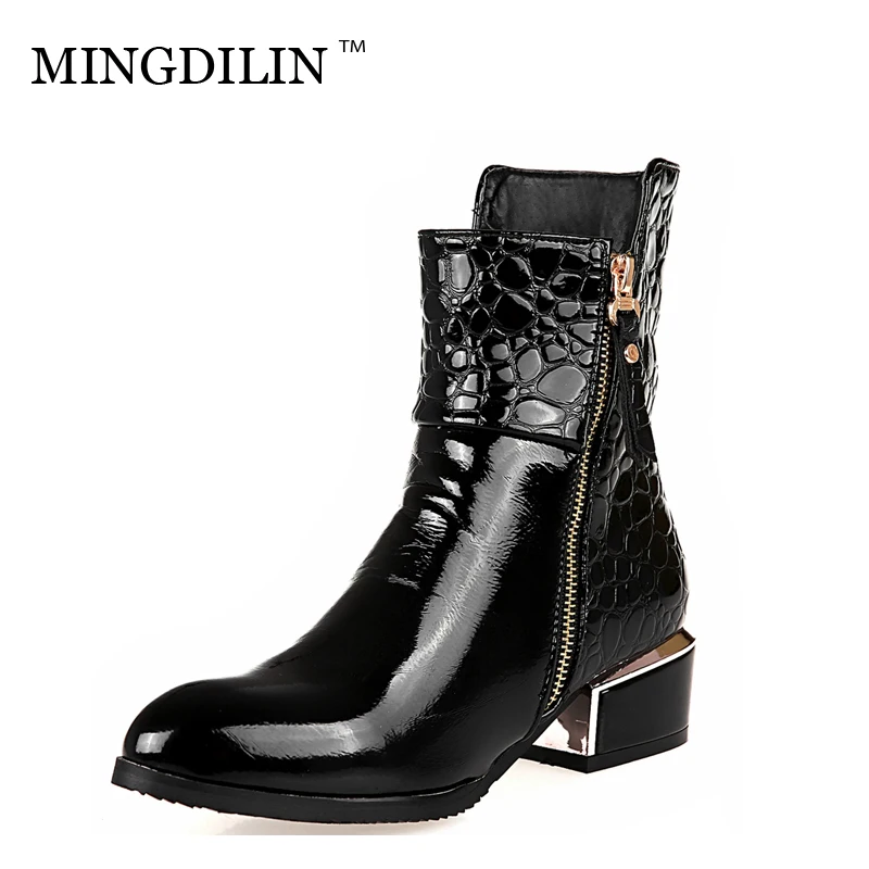 

MINGDILIN Premium Quality PU Coarse heel Ankle Boots Sharp Head Zipper Warm Short Plush Fashion Wild Models Large Size Lacquer