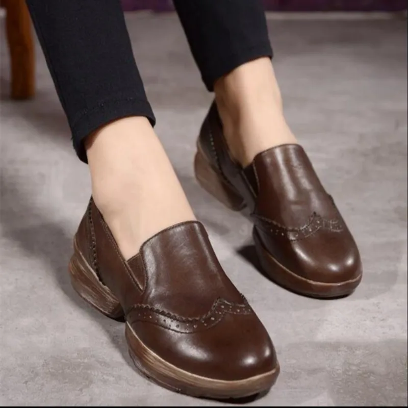 2016 handmade genuine leather women shoes vintage fashion shoes platform thick heels shoes cowhide casual shoes