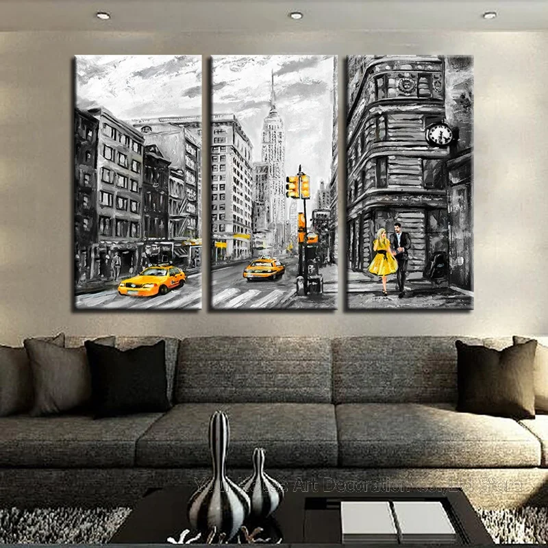 Wall Art Abstract 3 Pieces New York City Street Yellow Taxi Car Paintings Home Decor Modular Pictures Framed Canvas Posters
