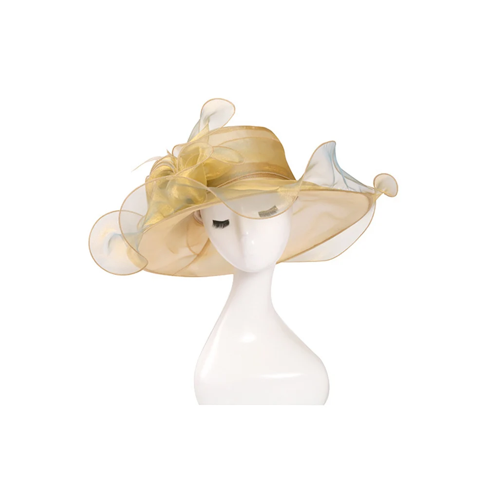 FS органза солнцезащитные шляпы для женщин элегантные большие широкие поля Кентукки Дерби шляпа дамы шляпы-федоры для посещения церкви большие цветочные летние пляжные кепки - Цвет: Gold Sun Hats