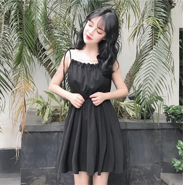 Women Summer Black Small Dress Cute Korean Style Long High Waist Slim Dress  Strapless Collar Sleeveless Fashion Party Dresses - AliExpress Women's  Clothing