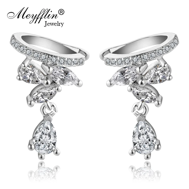 Meyfflin Cubic Zirconia Earrings Female Fashion Silver Color Crystal Meyfflin Cubic Zirconia Earrings Female Fashion Silver Color Crystal Leaf Clip Ear Cuff For Women