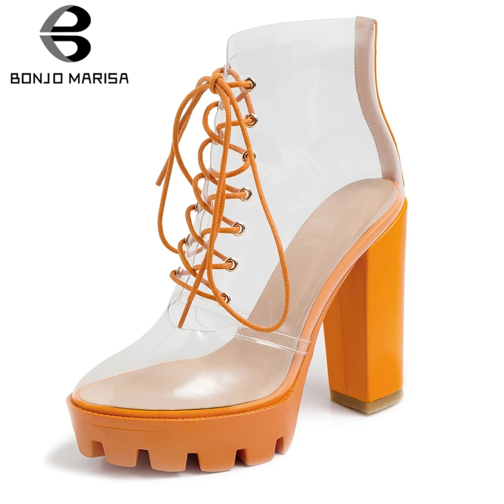 

BONJOMARISA New Fashion Transparent High Heels Boots Ladies Platform 2019 Spring Autumn Ankle Boots Woman Shoes Women Size 33-41
