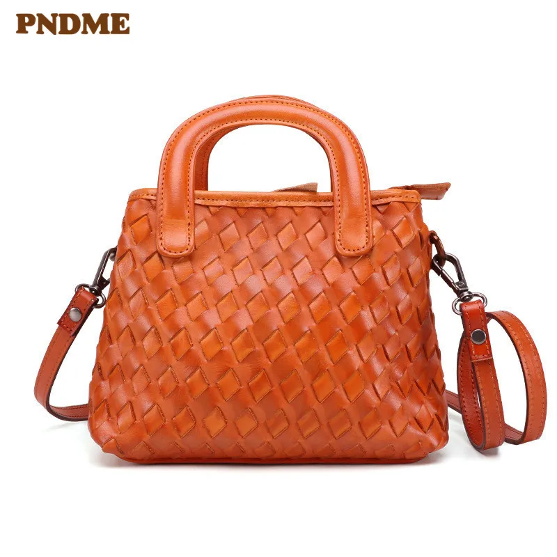 

PNDME retro high quality soft genuine leather cowhide hand-knit shoulder crossbody bags fashion simple designer small handbag