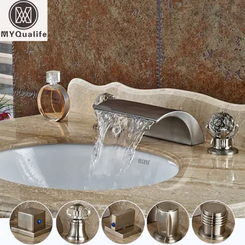 

Luxury Brushed Nickel Basin Faucet Waterfall Deck Mounted Mixer Taps Dual Handle 3 Holes Lavatory Sink Mixer Taps