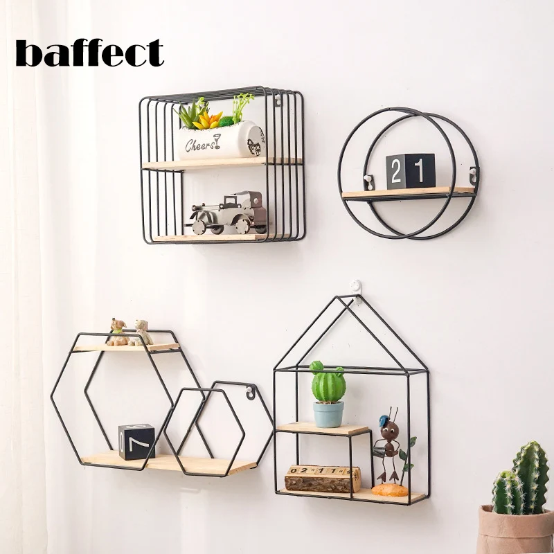 

Baffect Nordic Wooden Iron Series Storage Rack Wall-mounted Decorative Wall Shelf Hexagon Home Decor Kid Room DIY Hanging Organi
