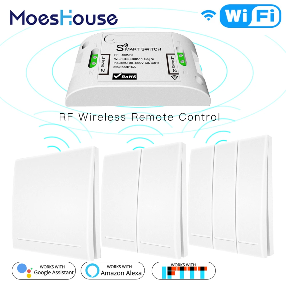 

RF433Mhz+Wifi Wireless Remote Control Smart Switch,Wall Panel Transmitter ,Smart Life/Tuya APP ,Works with Alexa Google Home.